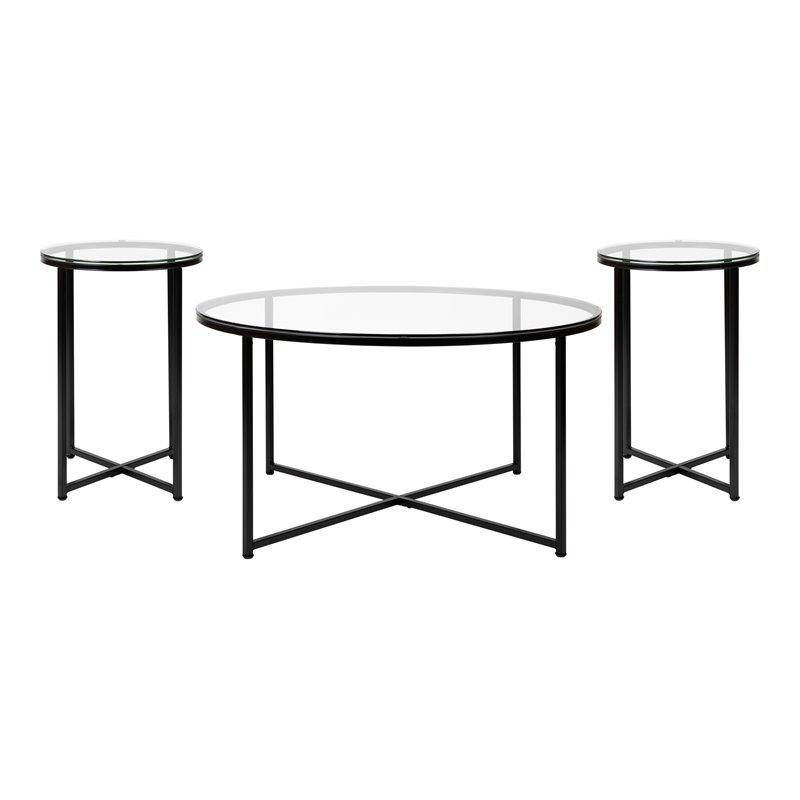 Flash Furniture Greenwich Metal & Glass Coffee Table & 2 End Tables Set in Black