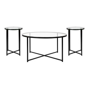 Flash Furniture Greenwich Metal & Glass Coffee Table & 2 End Tables Set in Black