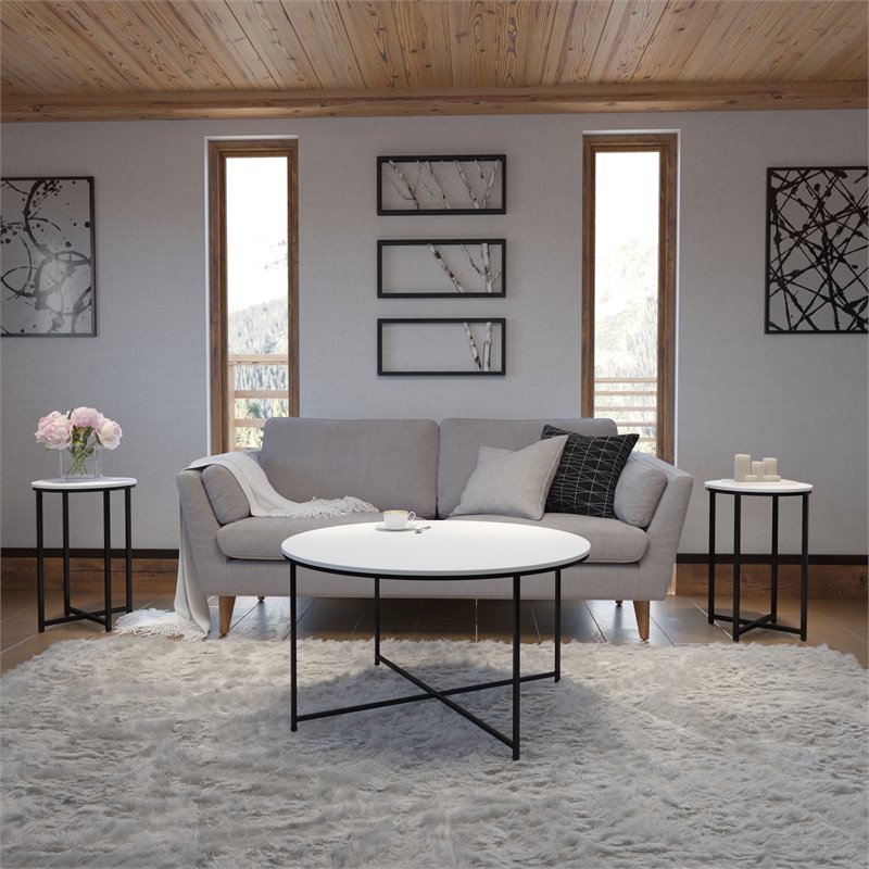 Flash Furniture Hampstead Metal Coffee Table & 2 End Tables Set in White/Black
