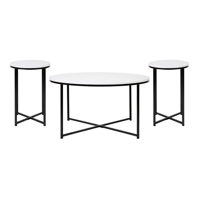 Flash Furniture Hampstead Metal Coffee Table & 2 End Tables Set in White/Black
