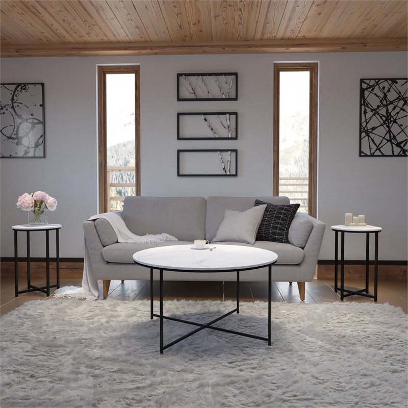 Flash Furniture Hampstead Metal Coffee Table and 2 End Tables in White/Black