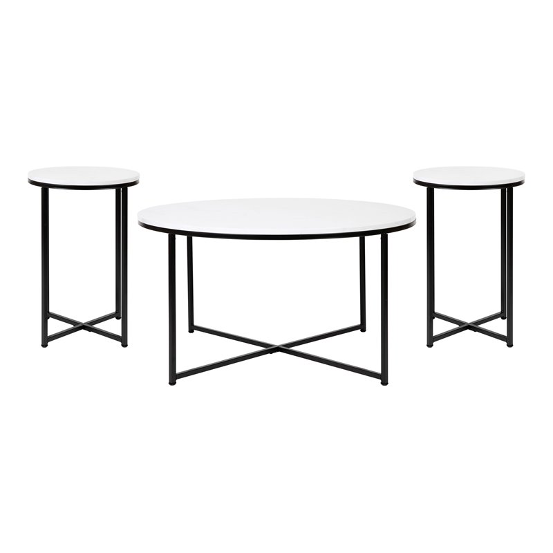 Flash Furniture Hampstead Metal Coffee Table and 2 End Tables in White/Black