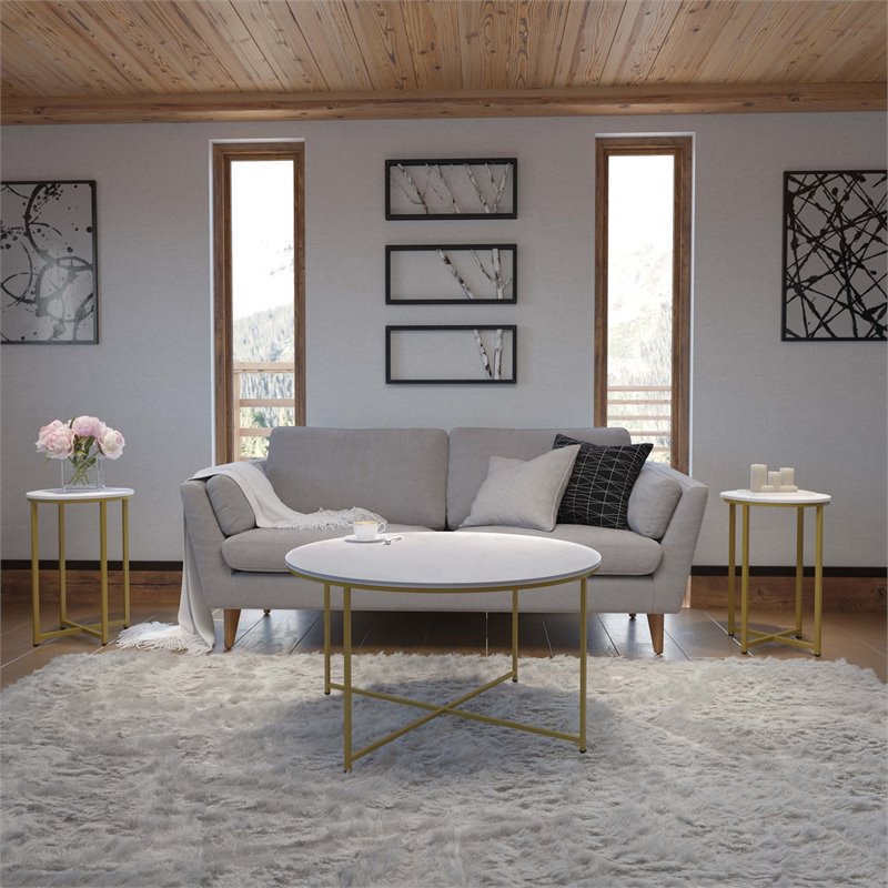 Flash Furniture Hampstead Metal Coffee Table and 2 End Tables in White/Gold