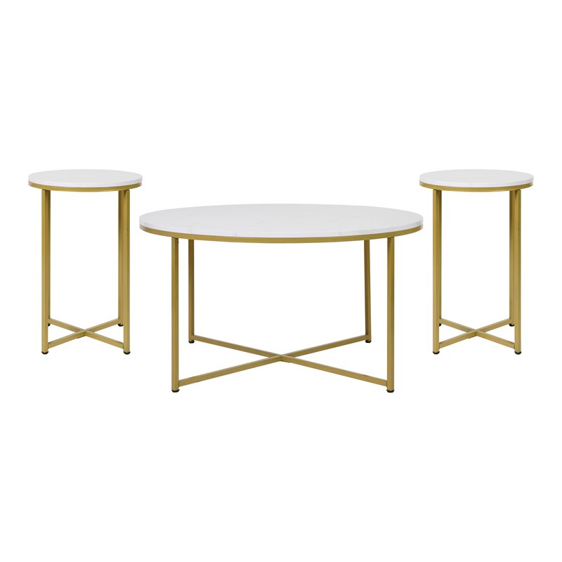 Flash Furniture Hampstead Metal Coffee Table and 2 End Tables in White/Gold