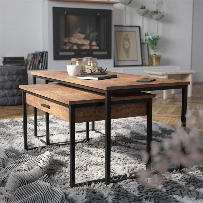Flash Furniture Emerson 2 Piece Metal Nesting Coffee Tables in Walnut/Black