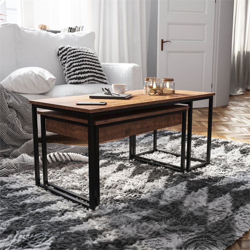 Flash Furniture Emerson 2 Piece Metal Nesting Coffee Tables in Walnut/Black