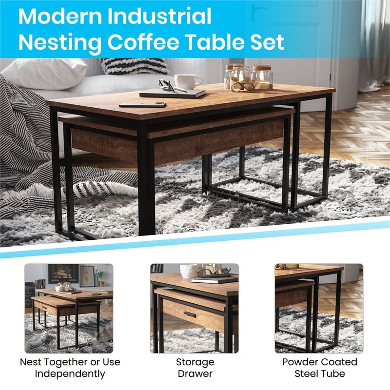 Flash Furniture Emerson 2 Piece Metal Nesting Coffee Tables in Walnut/Black