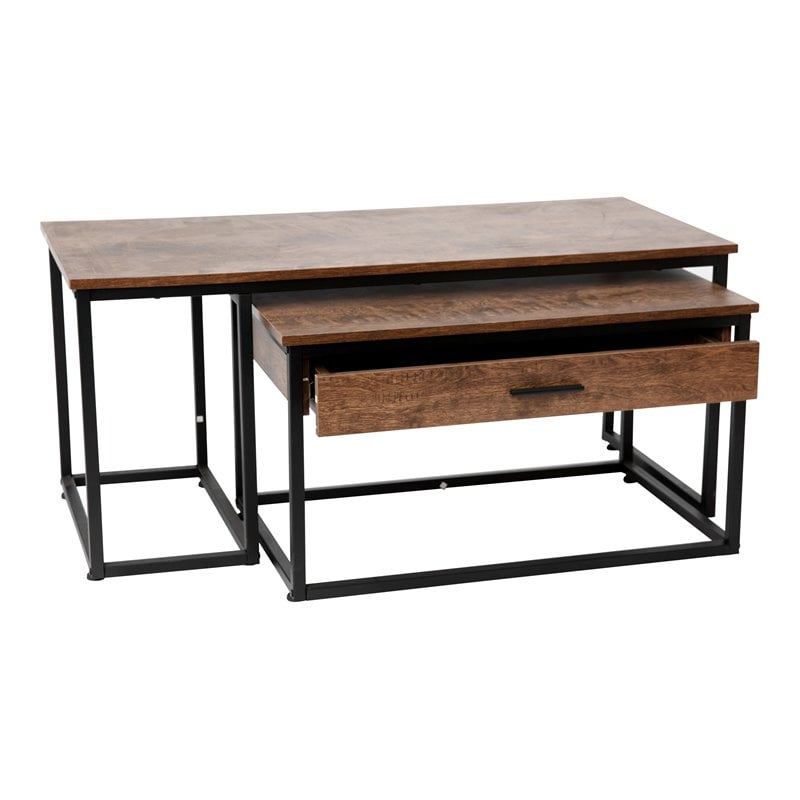 Flash Furniture Emerson 2 Piece Metal Nesting Coffee Tables in Walnut/Black