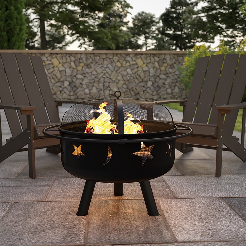 Flash Furniture Round Iron Metal Burning Star and Moon Firepit in Black
