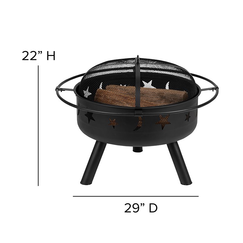 Flash Furniture Round Iron Metal Burning Star and Moon Firepit in Black