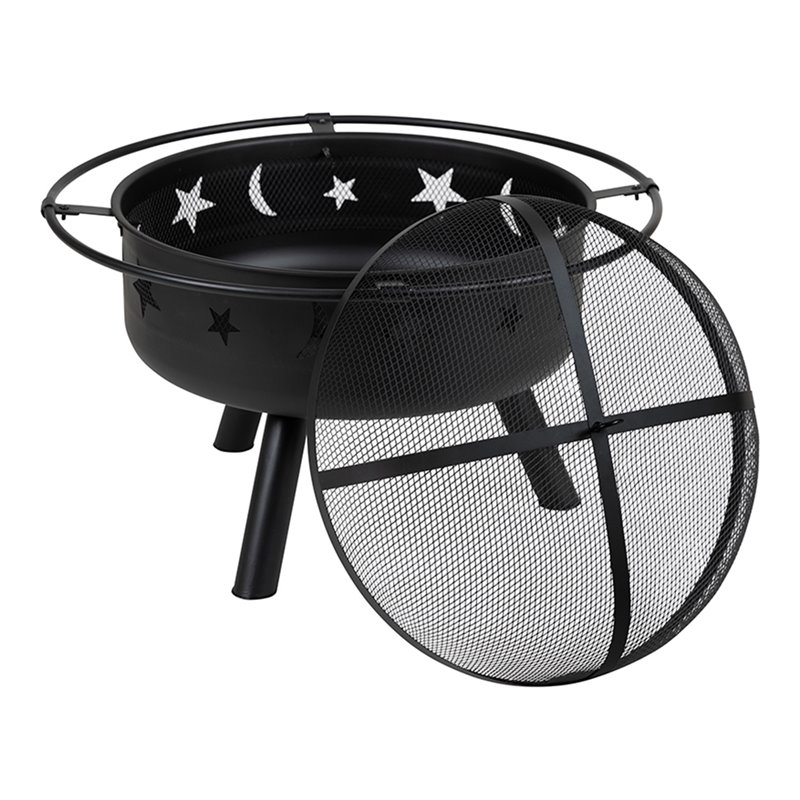 Flash Furniture Round Iron Metal Burning Star and Moon Firepit in Black