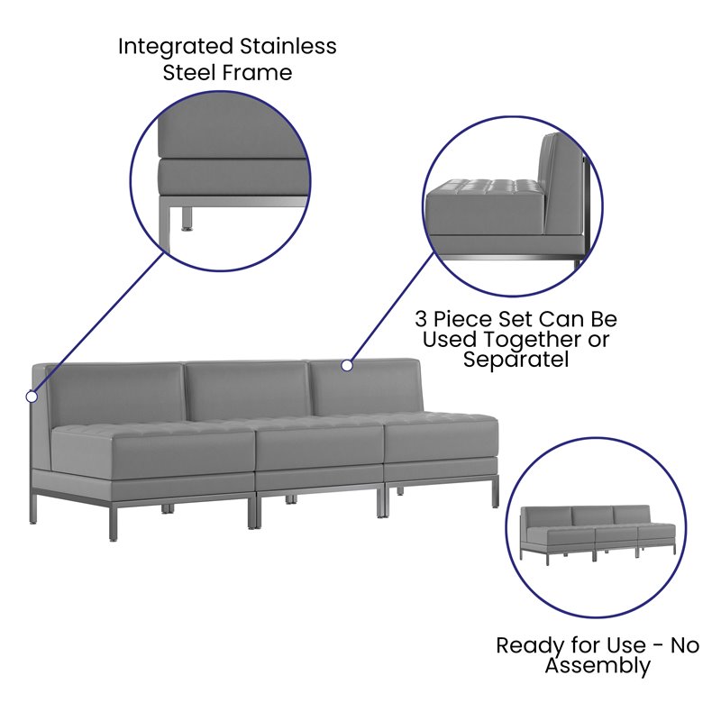 Flash Furniture 3 Piece Gray LeatherSoft Modular Lounge Set with Ganging Clips
