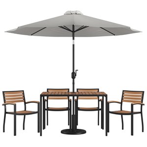 Flash Furniture 7PC Aluminum Patio Dining Set with Umbrella and Base in Gray
