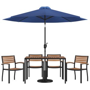 Flash Furniture 7PC Aluminum Patio Dining Set with Umbrella and Base in Navy