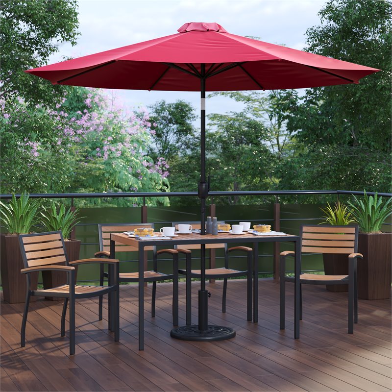 Flash Furniture 7PC Aluminum Patio Dining Set with Umbrella and Base in Red