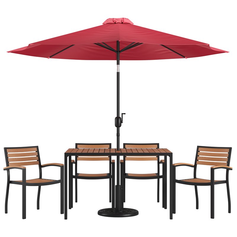 Flash Furniture 7PC Aluminum Patio Dining Set with Umbrella and Base in Red