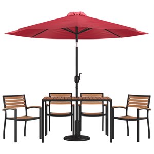 Flash Furniture 7PC Aluminum Patio Dining Set with Umbrella and Base in Red