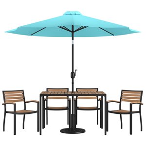 Flash Furniture 7PC Aluminum Patio Dining Set with Umbrella and Base in Blue