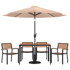Flash Furniture 7PC Aluminum Patio Dining Set with Umbrella and Base in Tan