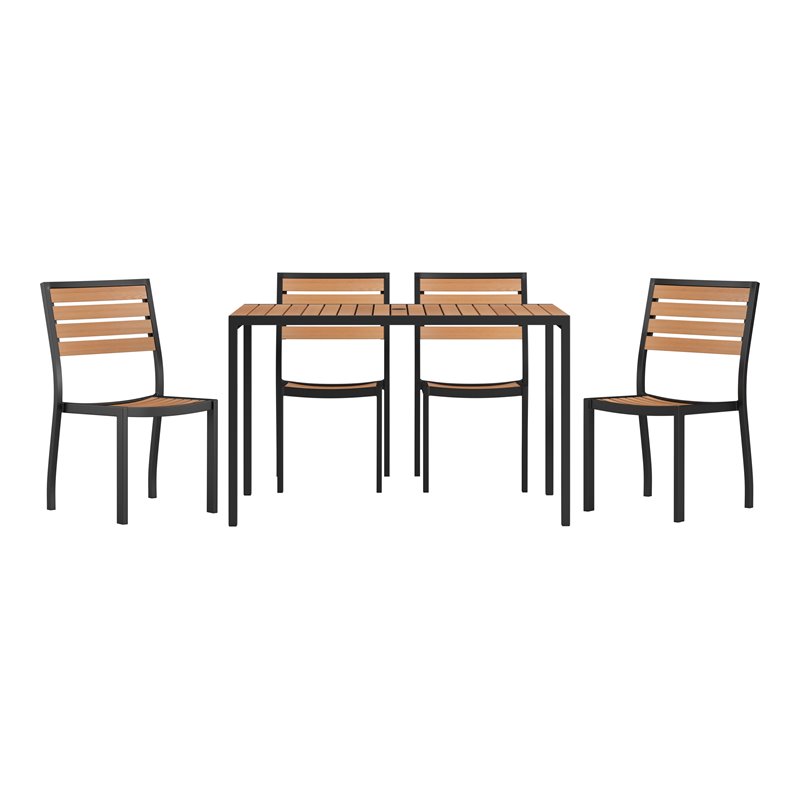 Flash Furniture 5 Piece Metal Patio Table with 4 Chairs Set in Teak Brown/Black