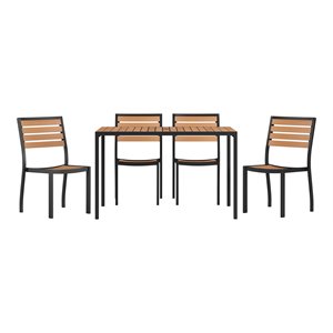 Flash Furniture 5 Piece Metal Patio Table with 4 Chairs Set in Teak Brown/Black