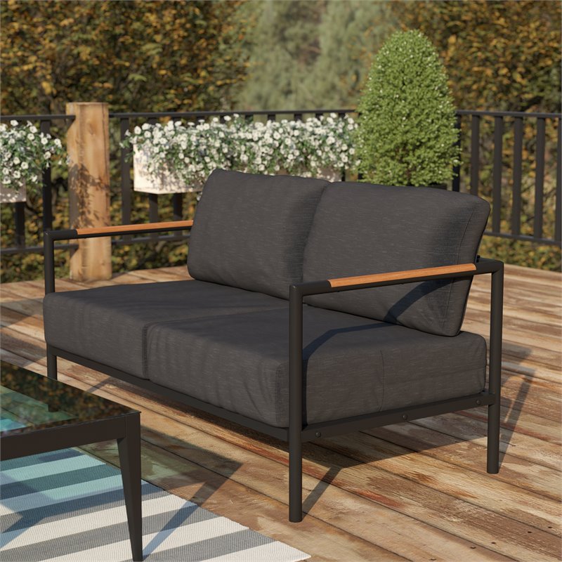 Flash Furniture Fabric Patio Loveseat with Cushions in Charcoal/Black