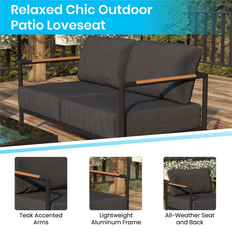 Flash Furniture Fabric Patio Loveseat with Cushions in Charcoal/Black