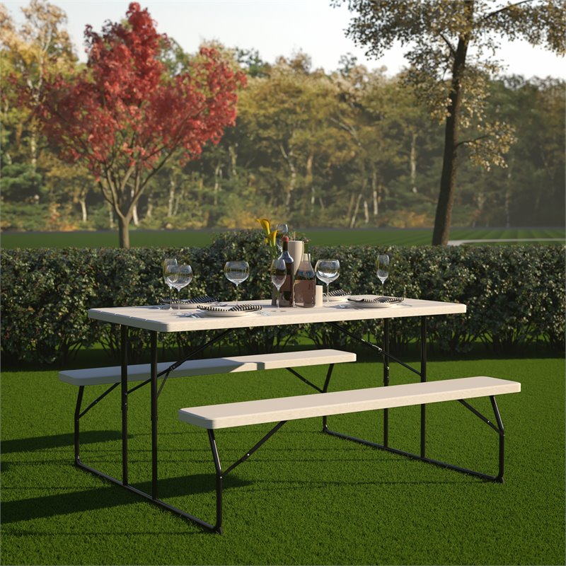 Flash Furniture Insta-Fold Metal Folding Picnic Table and Bench Set in White