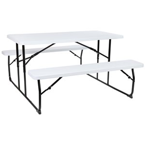 flash furniture insta-fold metal folding picnic table and bench set in white