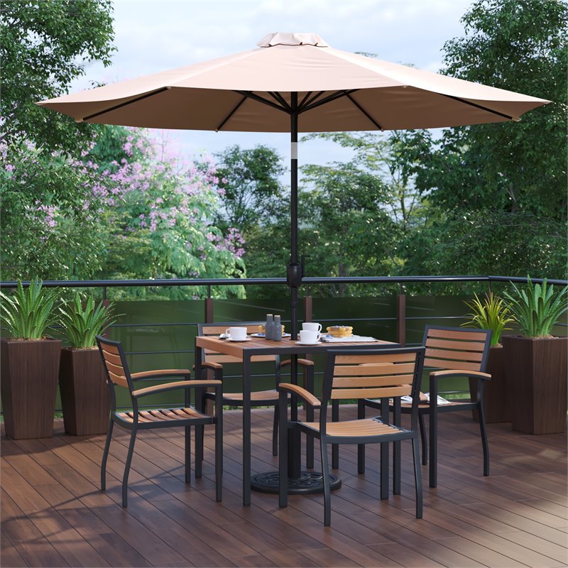 Flash Furniture 7PC Aluminum Patio Dining Set with Umbrella and Base - Tan