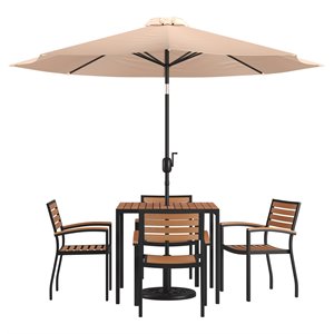 Flash Furniture 7PC Aluminum Patio Dining Set with Umbrella and Base - Tan