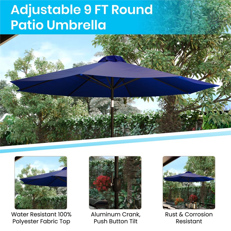 Flash Furniture 5 Piece Metal Patio Dining Set with Umbrella and Base - Navy