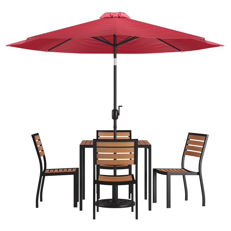 Flash Furniture 7 Piece Metal Patio Dining Set with Umbrella and Base - Red