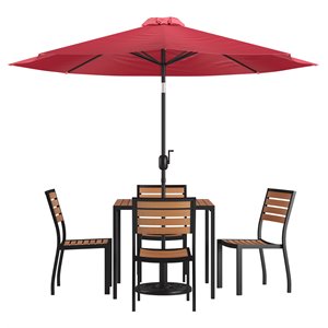 Flash Furniture 7 Piece Metal Patio Dining Set with Umbrella and Base - Red