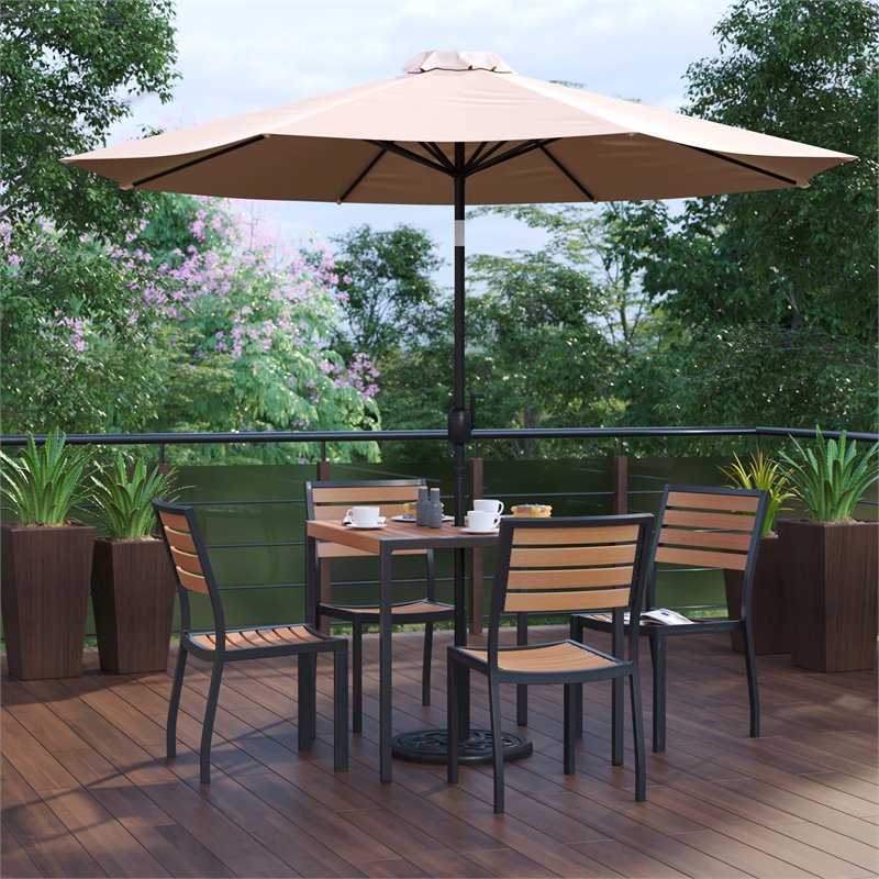 Flash Furniture 7 Piece Metal Patio Dining Set with Umbrella and Base - Tan