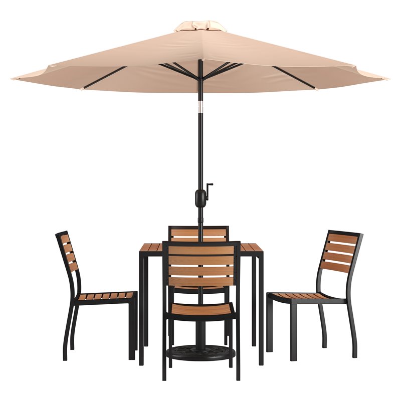 Flash Furniture 7 Piece Metal Patio Dining Set with Umbrella and Base - Tan
