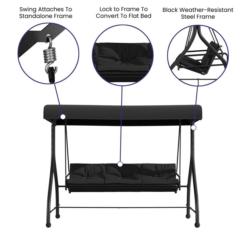 Flash Furniture Steel Metal Patio Swing and Bed Canopy Hammock in Black