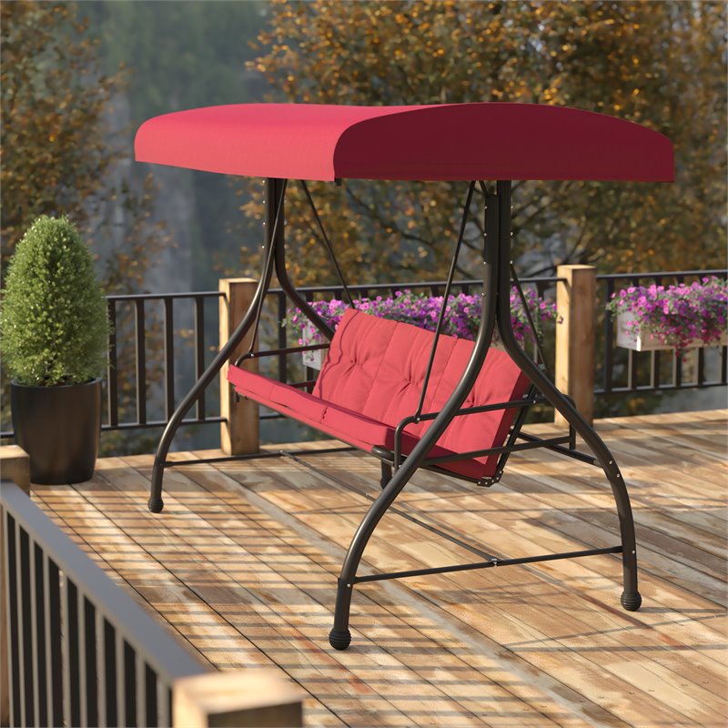 Flash Furniture Metal Patio Swing and Bed Canopy Hammock in Maroon Red