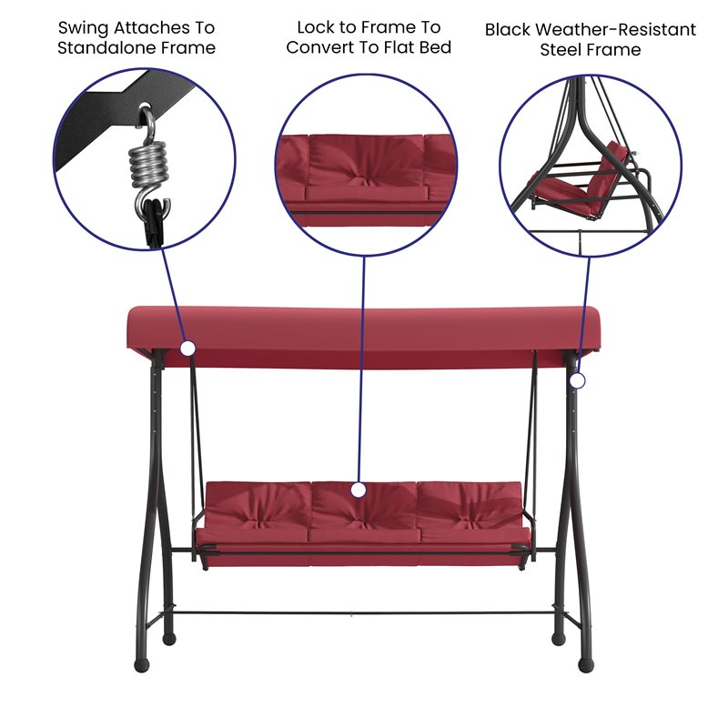 Flash Furniture Metal Patio Swing and Bed Canopy Hammock in Maroon Red