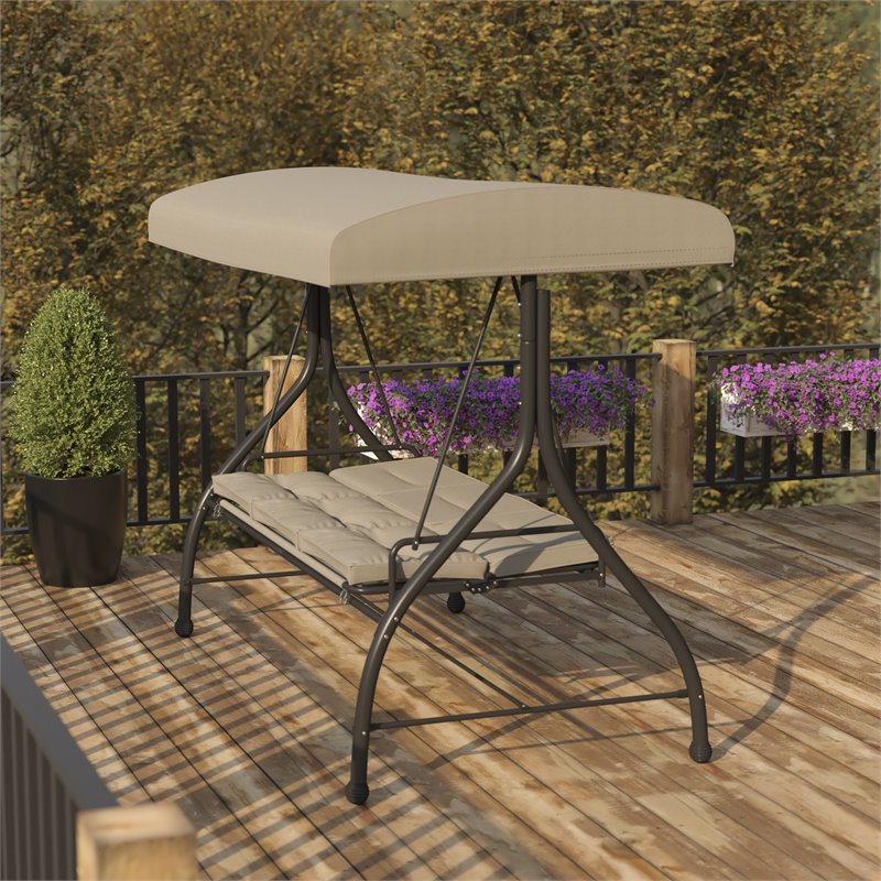 Flash Furniture Steel Metal Patio Swing and Bed Canopy Hammock in Tan