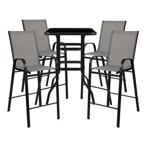 flash furniture 5pc glass and fabric patio bar table and barstools set in gray