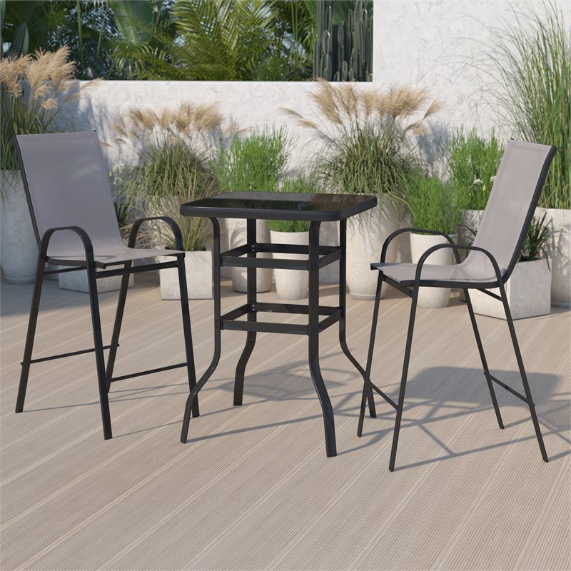 Flash Furniture 3 Piece All-Weather Glass Outdoor Bar Height Set in Gray