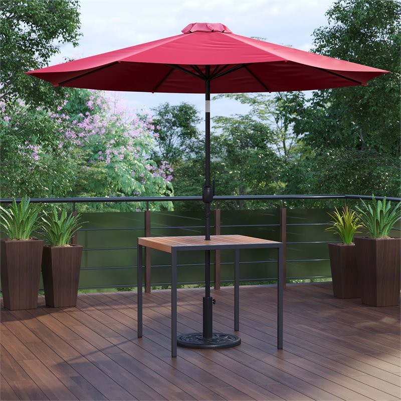 Flash Furniture Steel Metal Patio Table and Umbrella with Base in Red