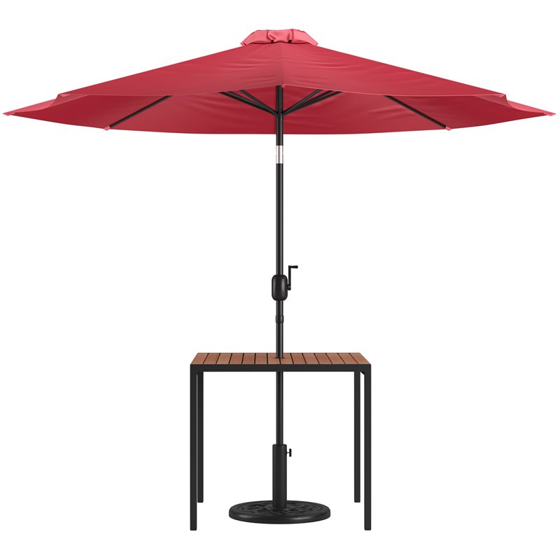 Flash Furniture Steel Metal Patio Table and Umbrella with Base in Red
