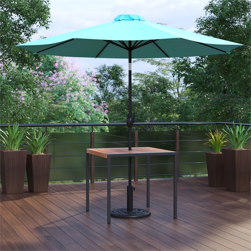 Flash Furniture Steel Metal Patio Table and Umbrella with Base in Blue