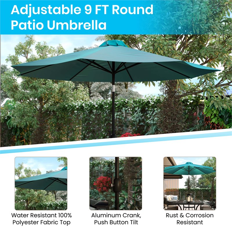 Flash Furniture Steel Metal Patio Table and Umbrella with Base in Blue