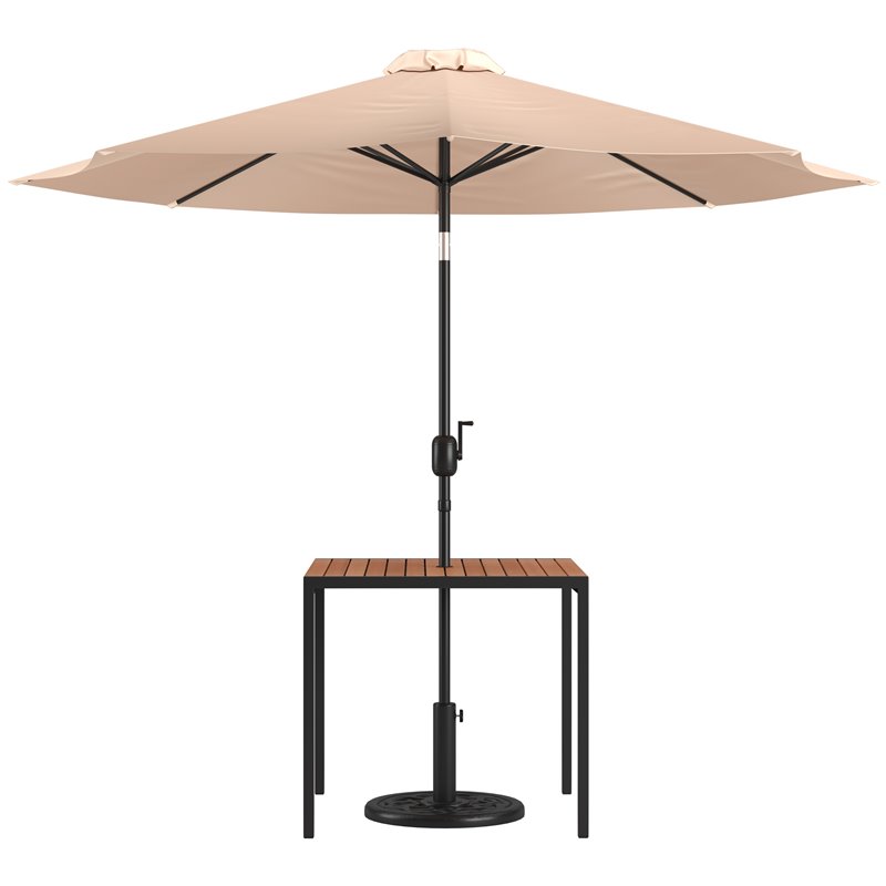 Flash Furniture Steel Metal Patio Table and Umbrella with Base in Tan
