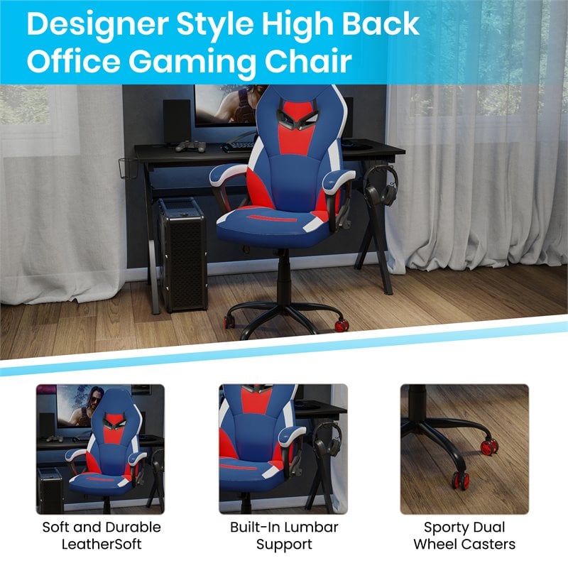 Flash Furniture LeatherSoft Ergonomic Designer Computer Gaming Chair in Blue/Red