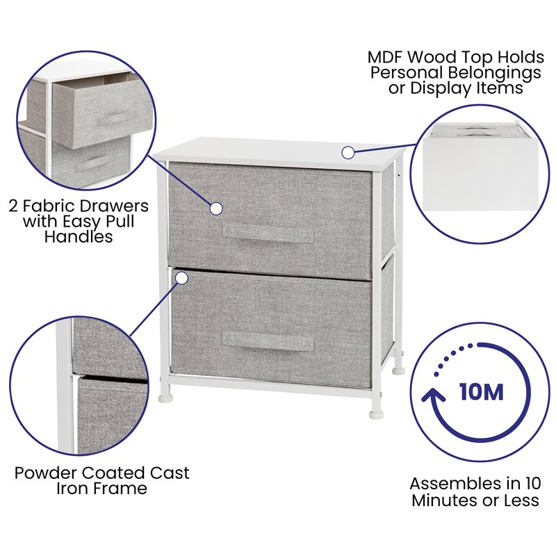 Flash Furniture 2 Drawer Fabric and Cast Iron Storage Stand in White/Gray