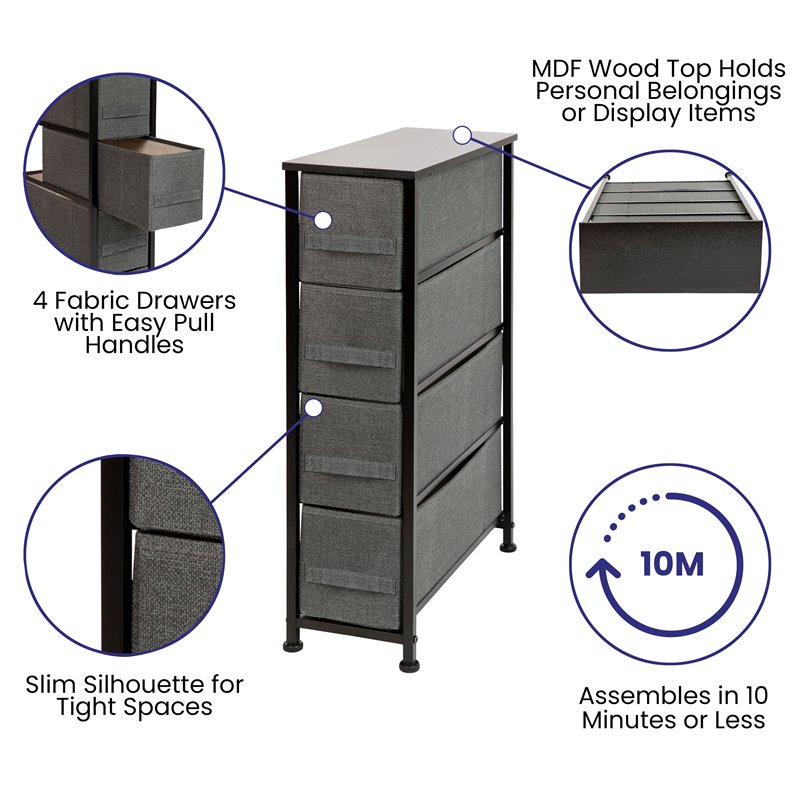 Flash Furniture 4 Drawer Cast Iron Vertical Slim Storage Dresser in Black/Gray